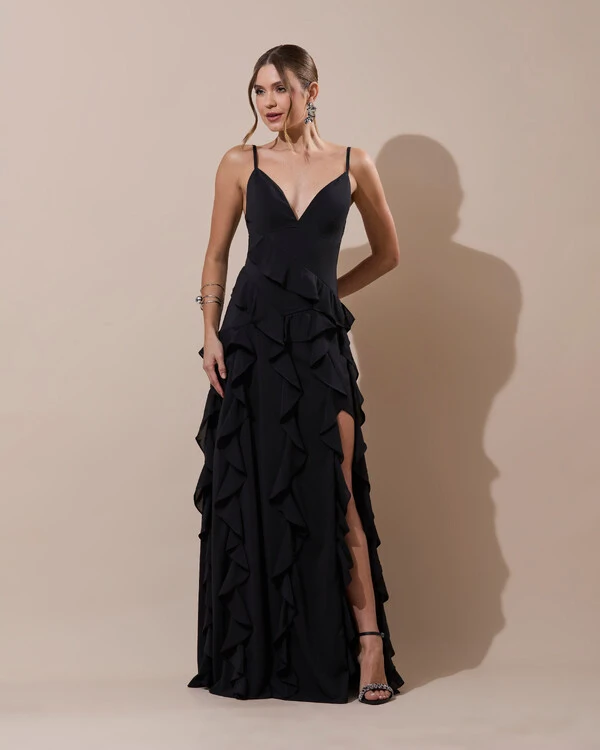 Vestido de Festa Longo Decote V Crepe Chiffon Babados Cascata e Fenda Preto