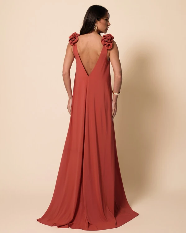 Vestido de Festa Longo Crepe Chiffon Fluido Decote em V Flores Terracota