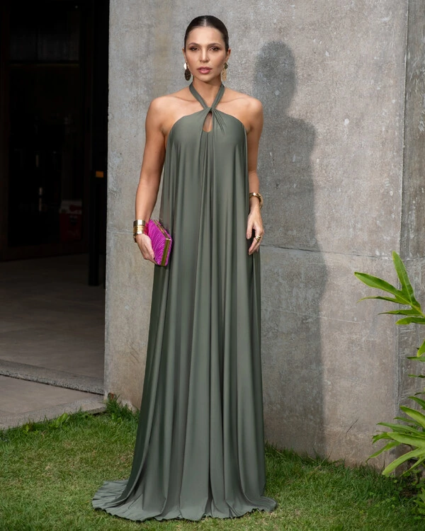 Vestido Longo com Amarração em Malha Verde Oliva