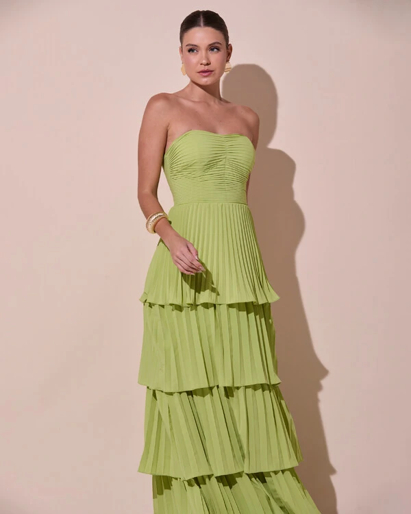 Vestido de Festa Longo Tomara que Caia Crepe Chiffon Plissado Camadas Verde Claro
