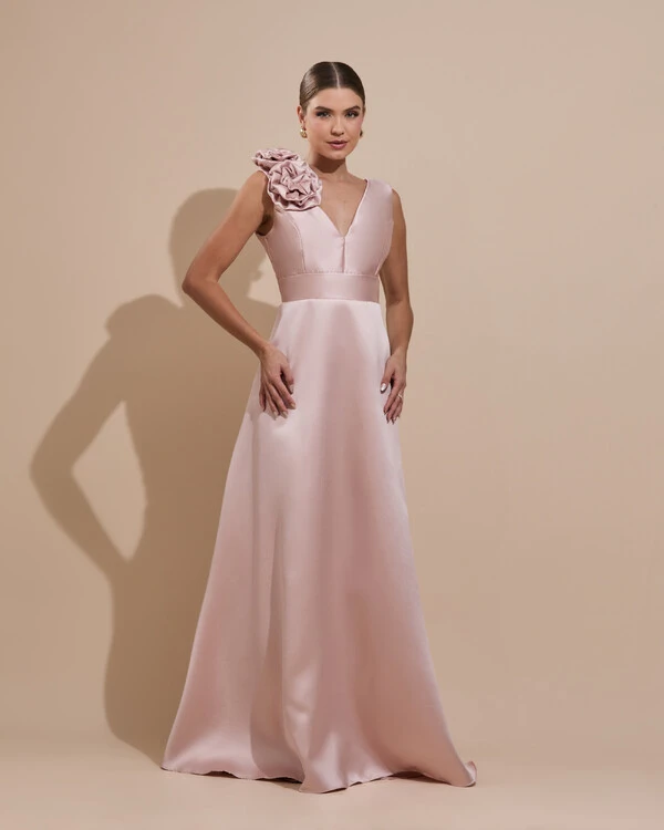 Vestido de Festa longo Zibeline Decote em V com Flores Removivel Rose Nude