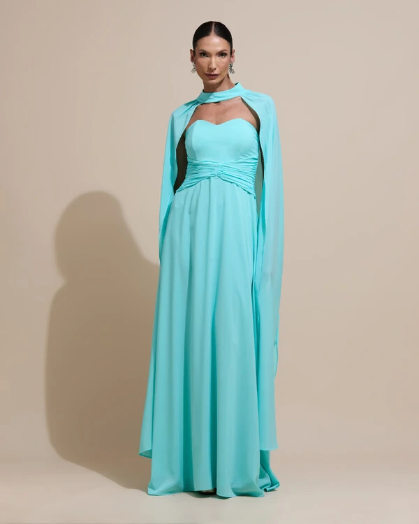 Vestido de Festa Longo Tomara Que Caia Crepe Chiffon Drapeado Capa Tiffany