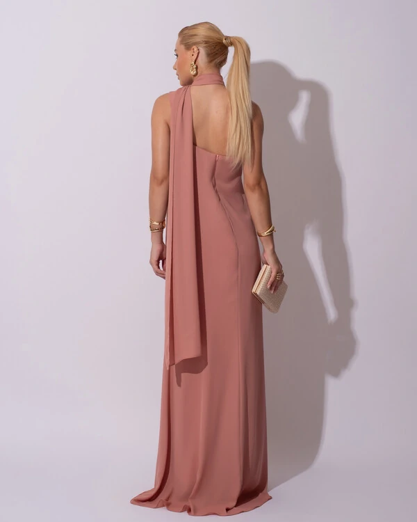 Vestido de Festa Longo Crepe Chiffon Um Ombro Só Drapeado Lenço Fixo Rose