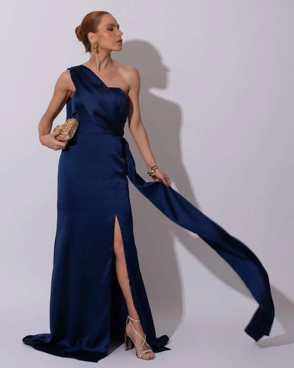 Vestido de Festa Longo Cetim Alfaiataria Tomara que Caia com Faixa Lenço Azul Marinho