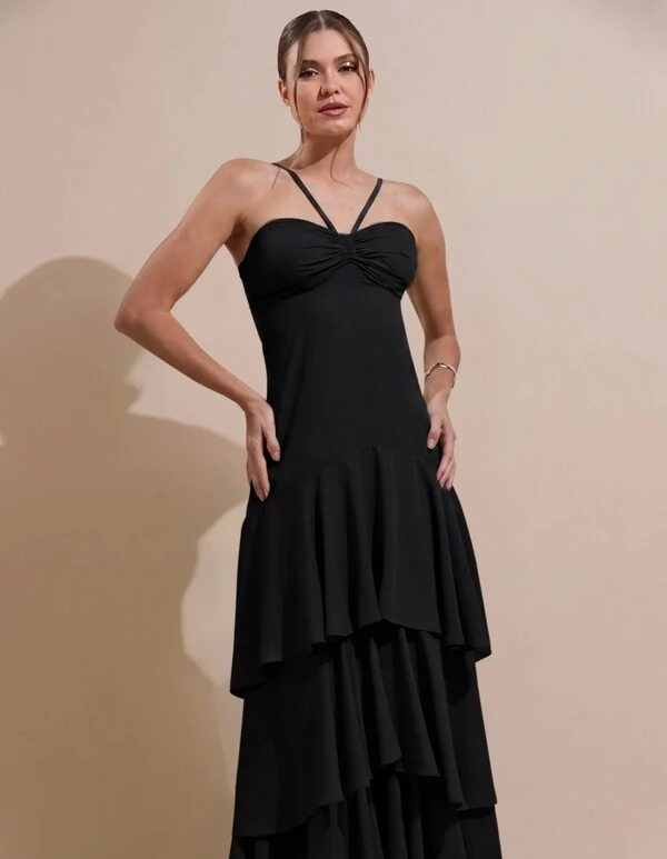Vestido Longo Crepe com Babado em Camadas Preto
