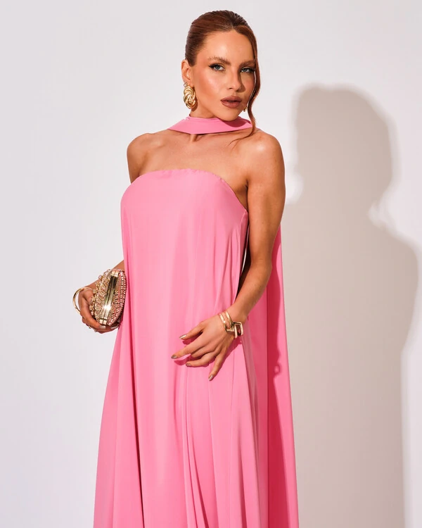 Vestido de Festa Longo Crepe Tomara que Caia com Lenço Rosa