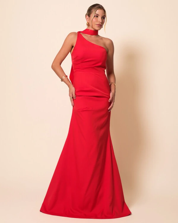 Vestido de Festa Longo Alafataria Um Ombro Só Detalhe Drapeado Vermelho