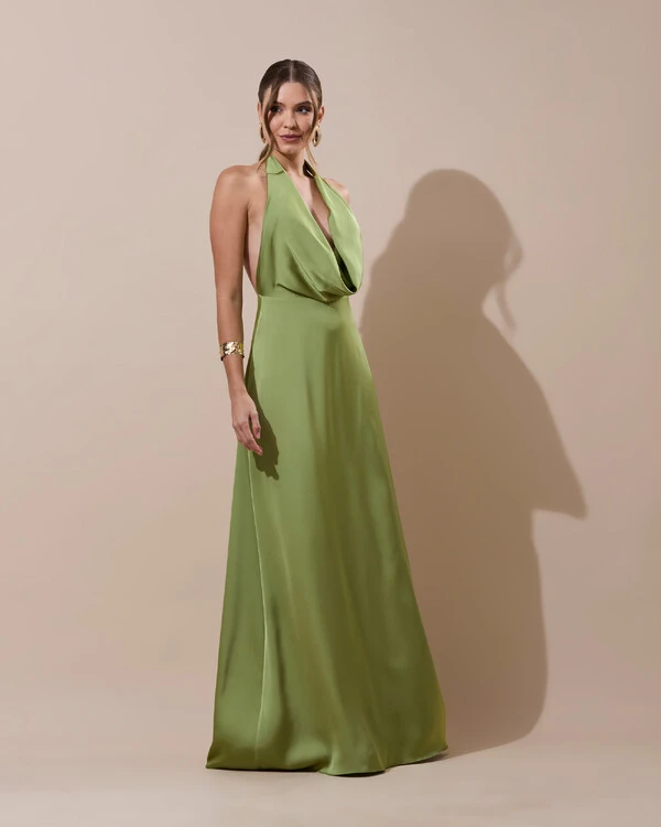 Vestido de Festa Longo Frente Única Degagê Cetim Fluido Verde Pistache