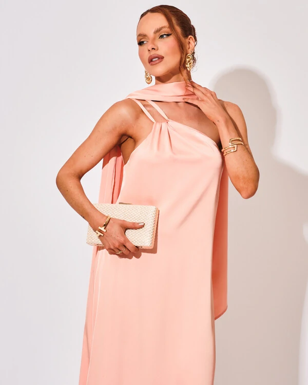 Vestido de Festa Longo em Cetim Fluido um Ombro Só Rose