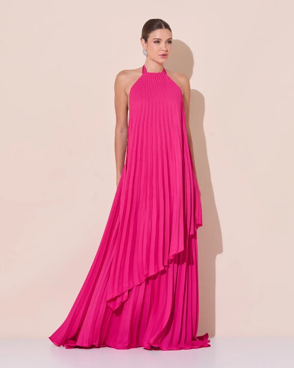 Vestidos de Festa Longo Chiffon Fluido Frente Única Plissado Duplo Pink Escuro