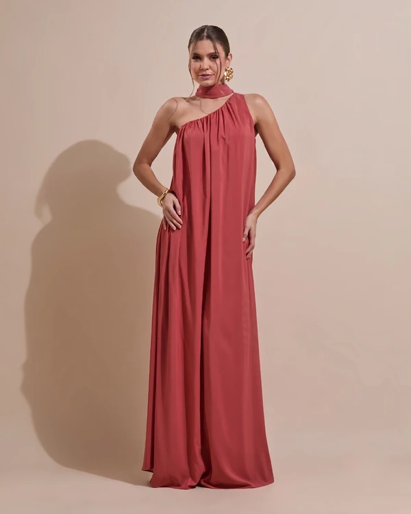 Vestido de Festa Longo Crepe Fluido um Ombro Só com Lenço Terracota