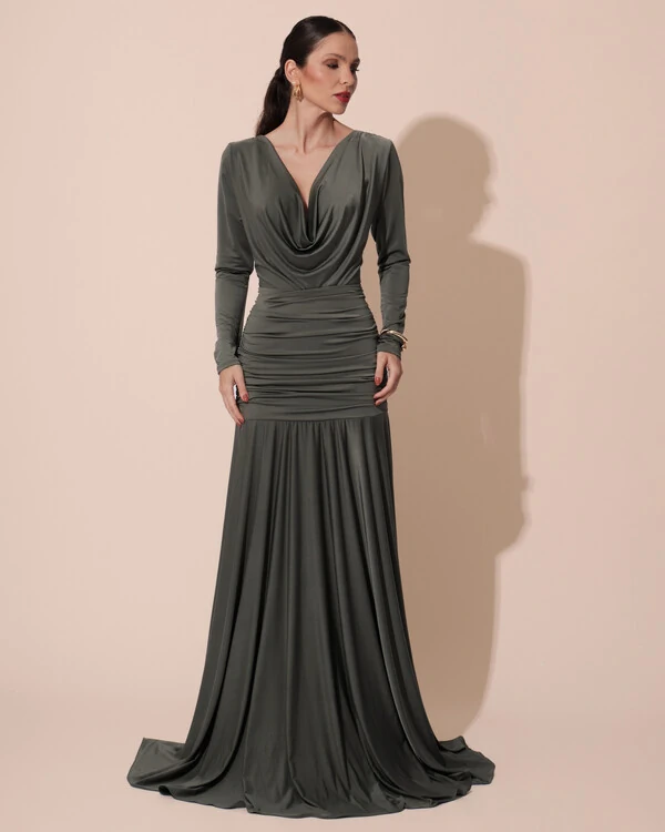 Vestido de Festa Longo Malha Degagê Drapeado Manga Longa Verde Oliva