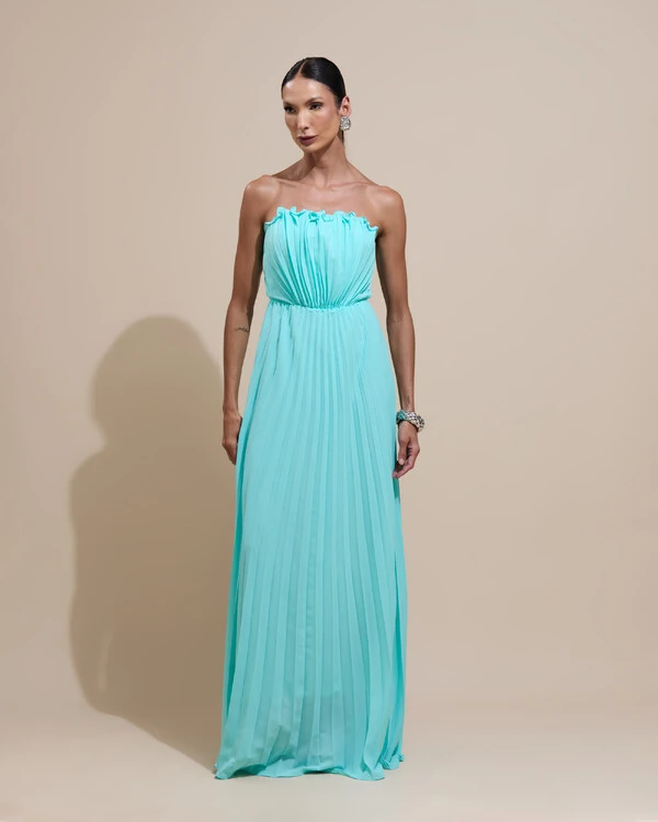 Vestido de Festa Longo Tomara que Caia Plissado Detalhe Tiffany