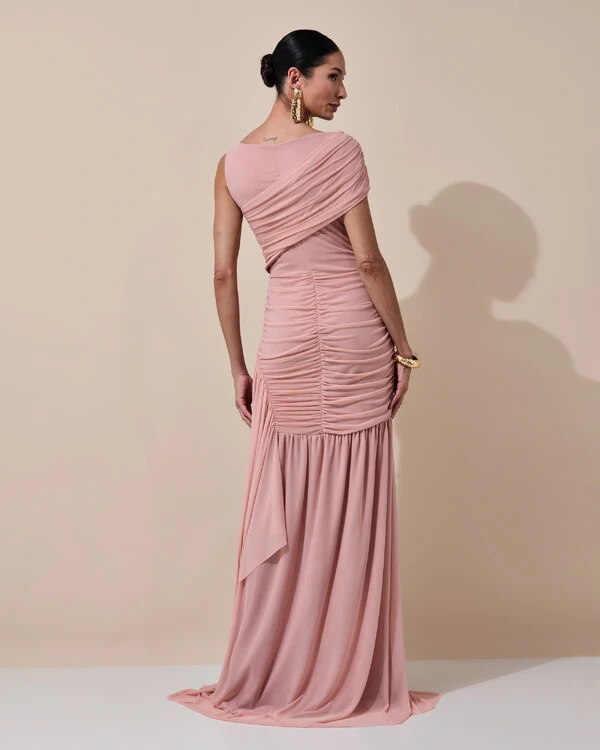 Vestido de Festa Longo Tule Faixa Detalhe Drapeado Rose