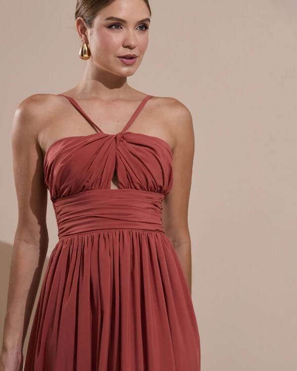 Vestido de Festa Longo Crepe Chiffon Drapeado com Alças Finas Terracota