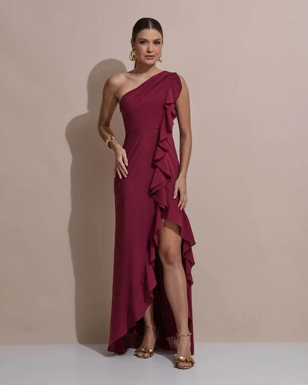 Vestido de Festa Midi Um Ombro Só Crepe Chiffon Babados Cascata Fenda Marsala new