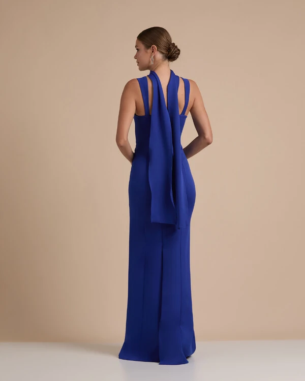 Vestido de Festa Longo Alfaiataria Alça Larga e Lenço Azul Royal