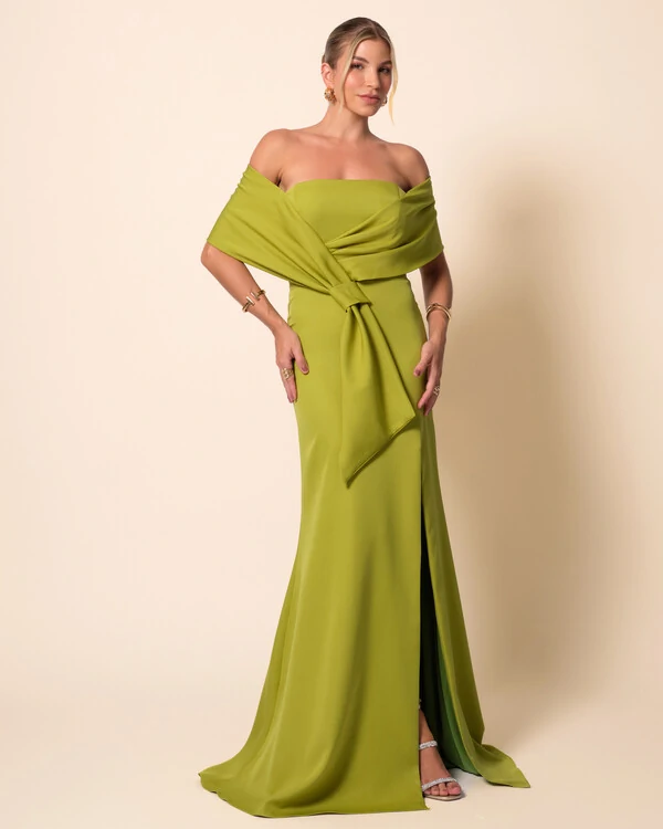 Vestido de Festa Longo Alfaiataria Ombro a Ombro Laço e Fenda Azul Verde Pistache