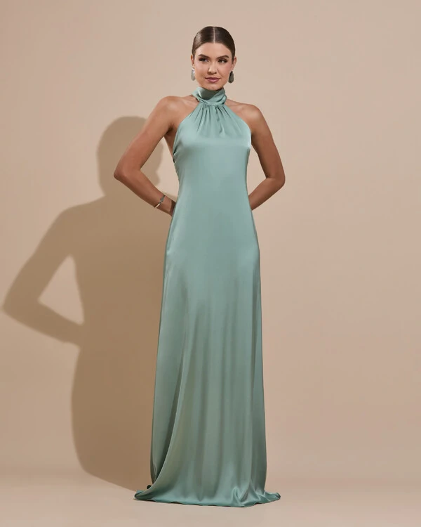 Vestido de Festa Gola Alta com Decote nas Costas Acetinado Verde Menta