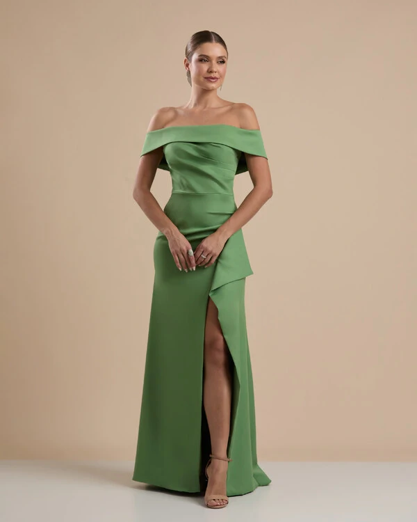 Vestido de Festa Longo Ombro a Ombro com Fenda em Alfaiataria Verde Matcha