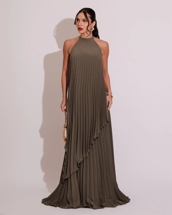 Vestidos de Festa Longo Chiffon Fluido Frente Única Plissado Duplo Verde Oliva