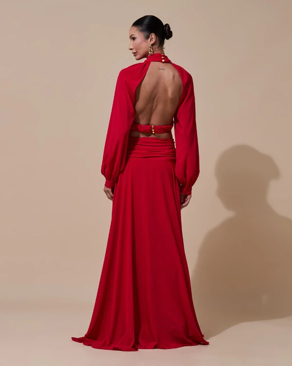 Vestido de Festa Longo Gola Alta Crepe Chiffon Recortes Drapeado Manga Longa Fenda Vermelho