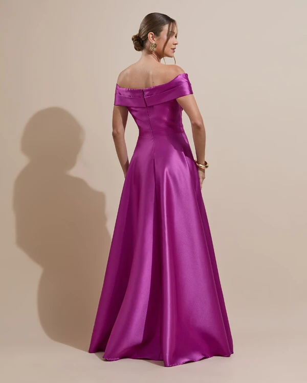 Vestido de Festa Longo Zibeline Ombro a Ombro com Fenda Fúcsia
