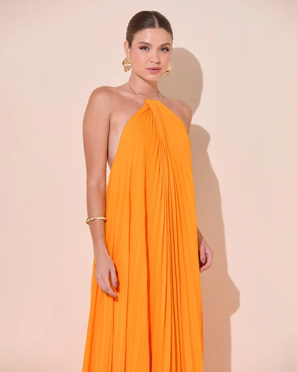 Vestido de Festa Longo Frente Única Plissado Crepe Chiffon Laranja Manga New