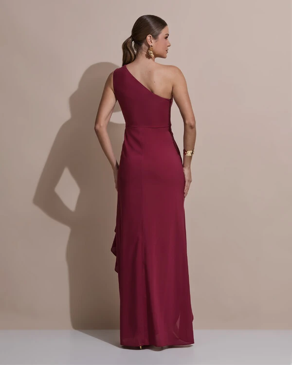 Vestido de Festa Midi Um Ombro Só Crepe Chiffon Babados Cascata Fenda Marsala new