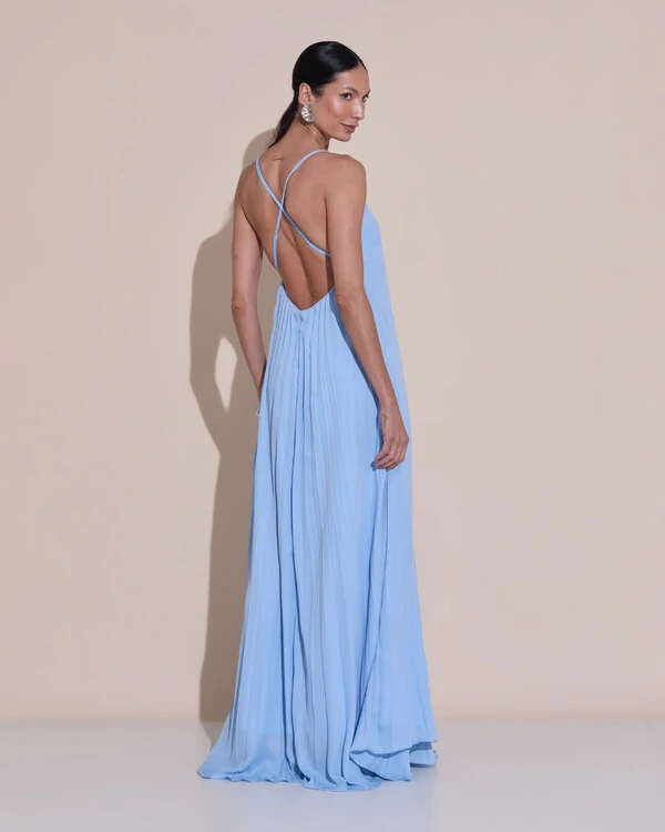 Vestido de Festa Longo Plissado Crepe Chiffon Decote V Alças Finas Serenity
