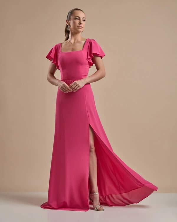 Vestido de Festa Longo Crepe Chiffon Manga Babado e Fenda Pink New