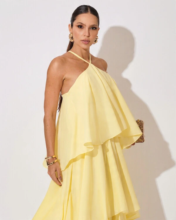 Vestido Longo Crepe Chiffon Babado em Camadas Amarelo Manteiga