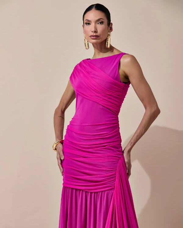 Vestido de Festa Longo Tule Faixa Detalhe Drapeado Pink New