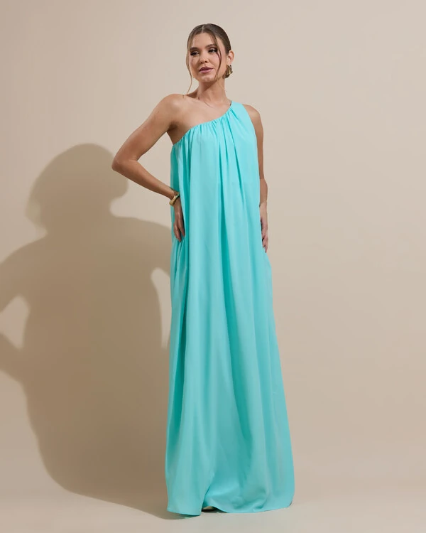 Vestido de Festa Longo Crepe Fluido um Ombro Só com Lenço Tiffany