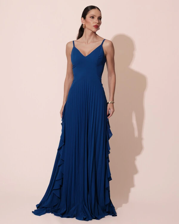 Vestido de Festa Longo Crepe Chiffon Alça Fina Saia Plissada com Babado Cascata Azul Royal
