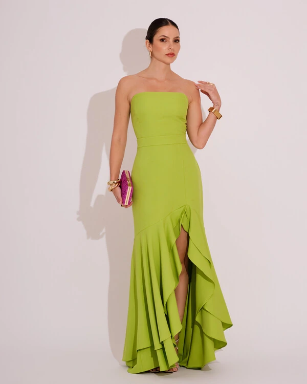 Vestido Longo com Fenda de Babados Alfaiataria Verde Lima