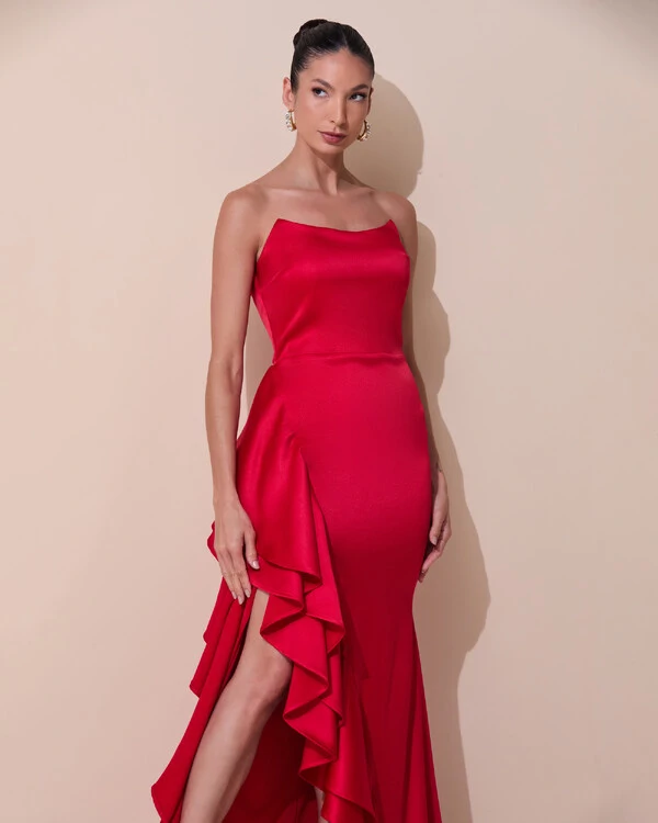 Vestido de Festa Longo Tomara que Caia Cetim Babado Fenda Vermelho