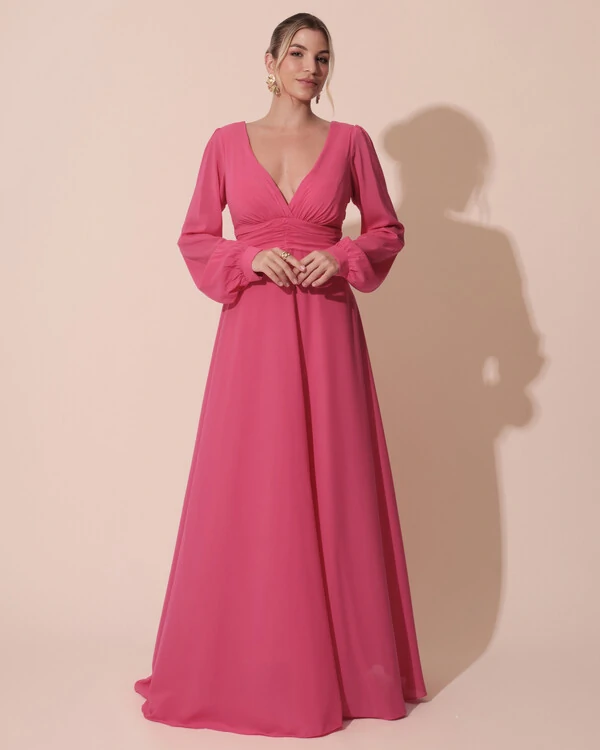 Vestido de Festa Manga Longa com Cintura Drapeada Decote V Pink New