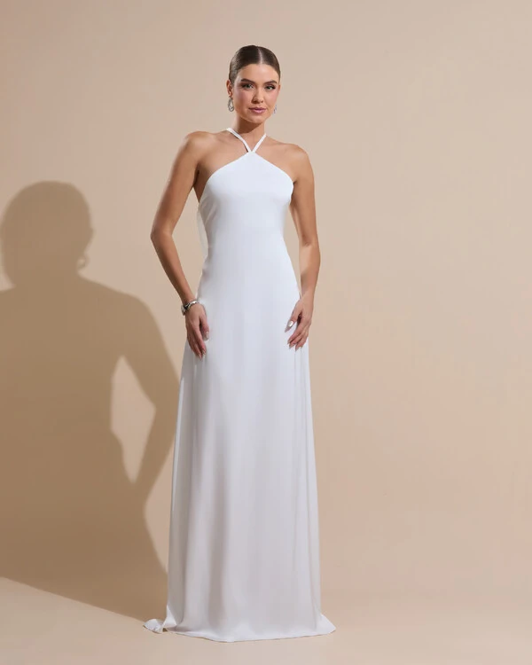 Vestido Longo de Cetim com Decote Triangular e Amarração nas Costas Degagê Branco