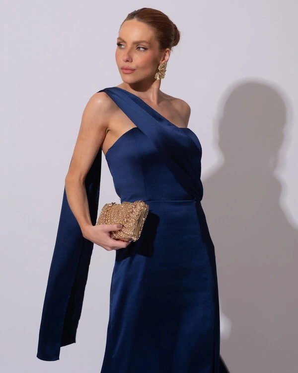 Vestido de Festa Longo Cetim Alfaiataria Tomara que Caia com Faixa Lenço Azul Marinho