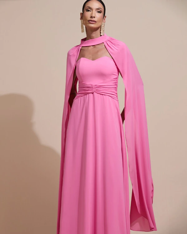 Vestido de Festa Longo Tomara Que Caia Crepe Chiffon Drapeado Capa Rosa