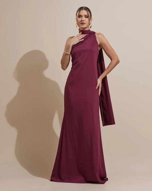 Vestido de Festa Longo Crepe Chiffon Um Ombro Só Drapeado Marsala