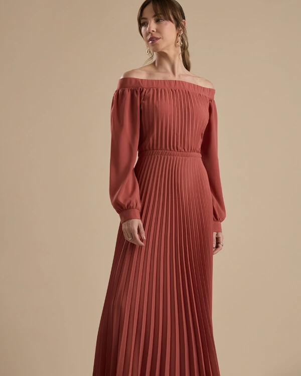 Vestido de Festa Longo Crepe Chiffon Plissado Ombro a Ombro Terracota