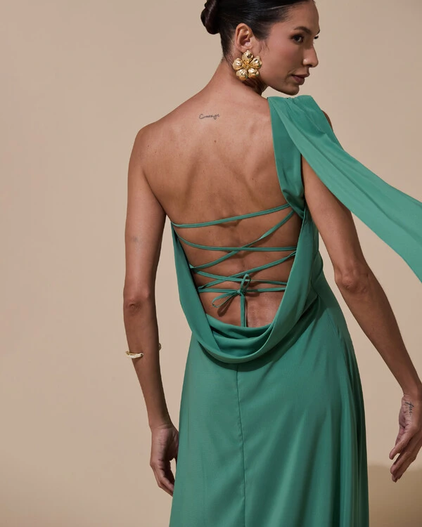 Vestido de festa Longo Tomara que Caia Crepe Chiffon Drapeado Lenço Verde Matcha Escuro
