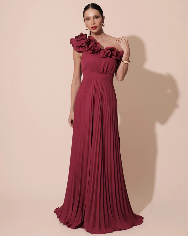 Vestido de Festa um Ombro Só Flor Saia Plissado Cereja