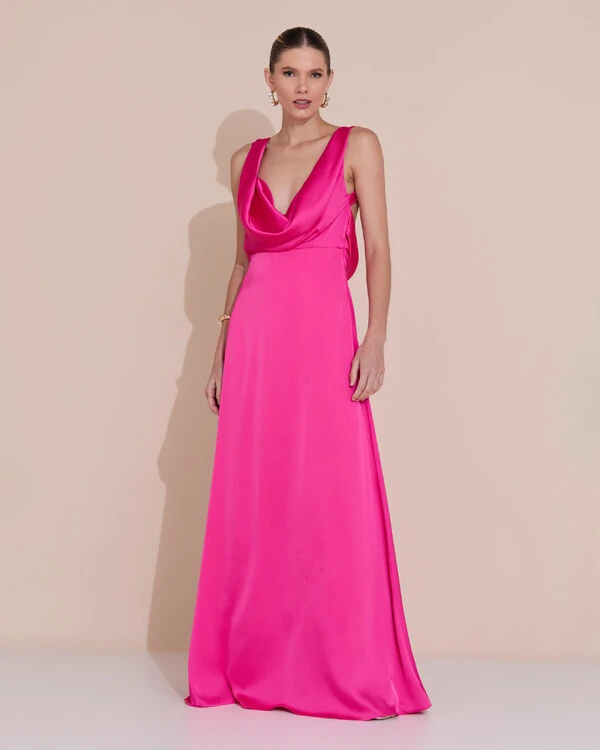 Vestido de Festa Longo Cetim Fluido Degagê Pink