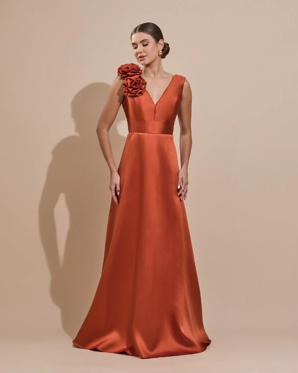 Vestido de Festa longo Zibeline Decote em V com Flores Removivel Terracota
