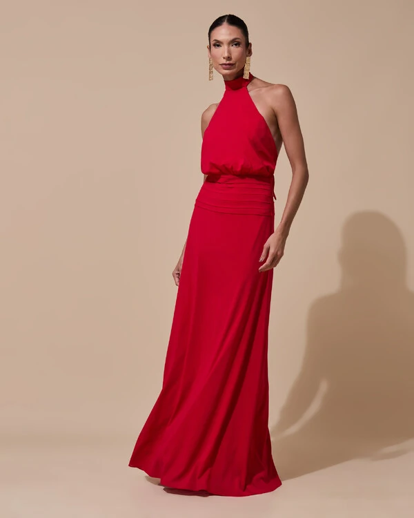 Vestido de Festa Longo Frente Única Busto Blousê Crepe Chiffon Drapeado Vermelho
