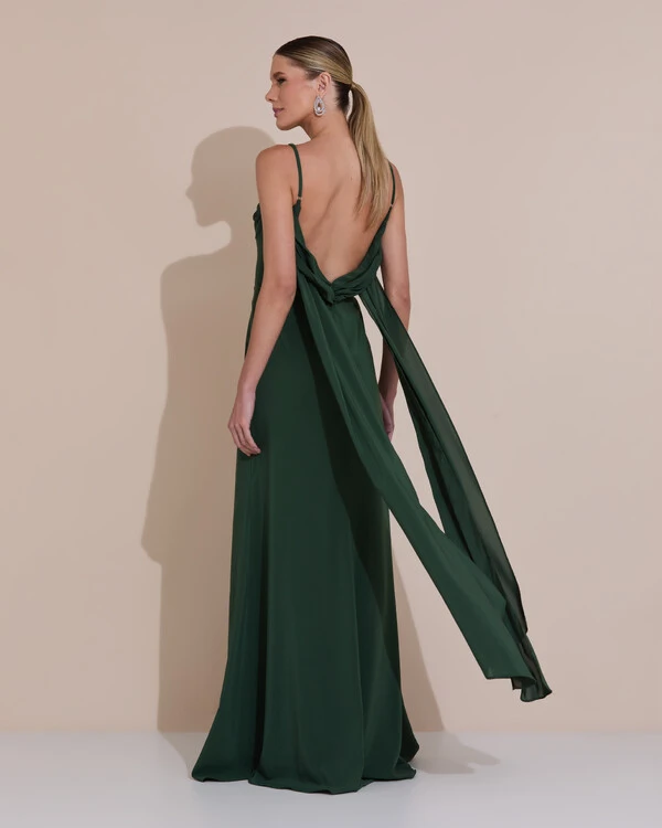 Vestido de Festa Longo Crepe Chiffon Costas Lenço Cauda Verde Escuro New