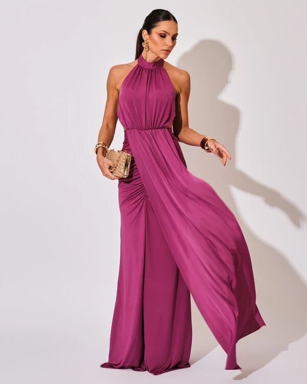 Vestido de Festa Longo Malha Jersey Gola Alta Saia Sereia Fúcsia Beterraba